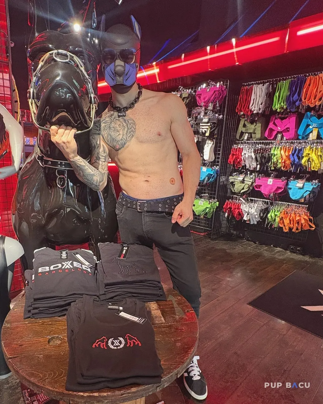 Pup Bacu in the Boxer Barcelona gear shop